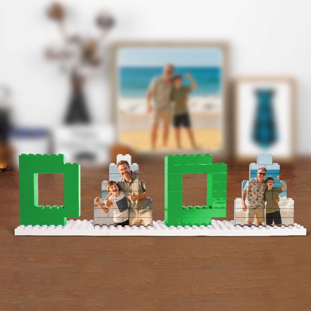 Personalised photo brick puzzle partially dismantled to show interlocking ABS bricks and vibrant UV print — custom gift for dad