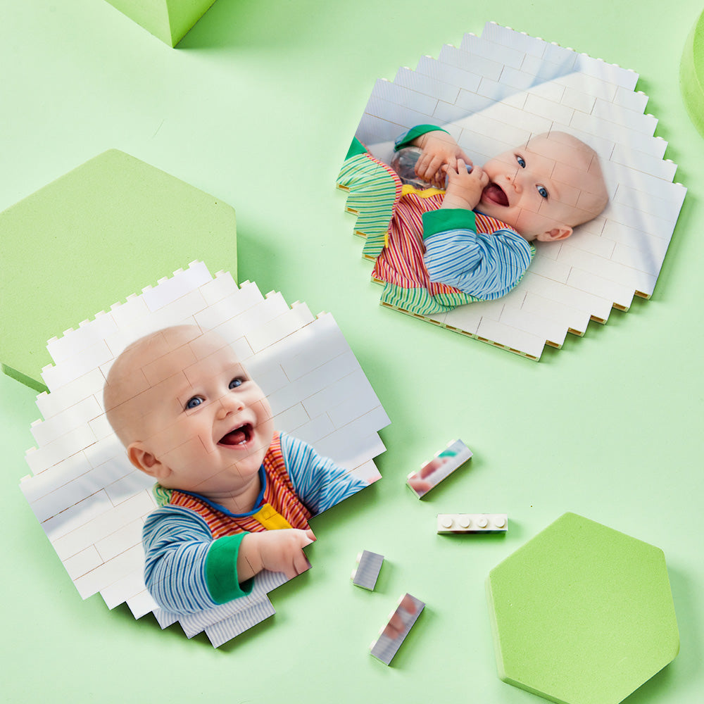 Memorial tribute set of personalised octagon bricks celebrating a loved one – interactive custom photo building blocks as a heartfelt keepsake