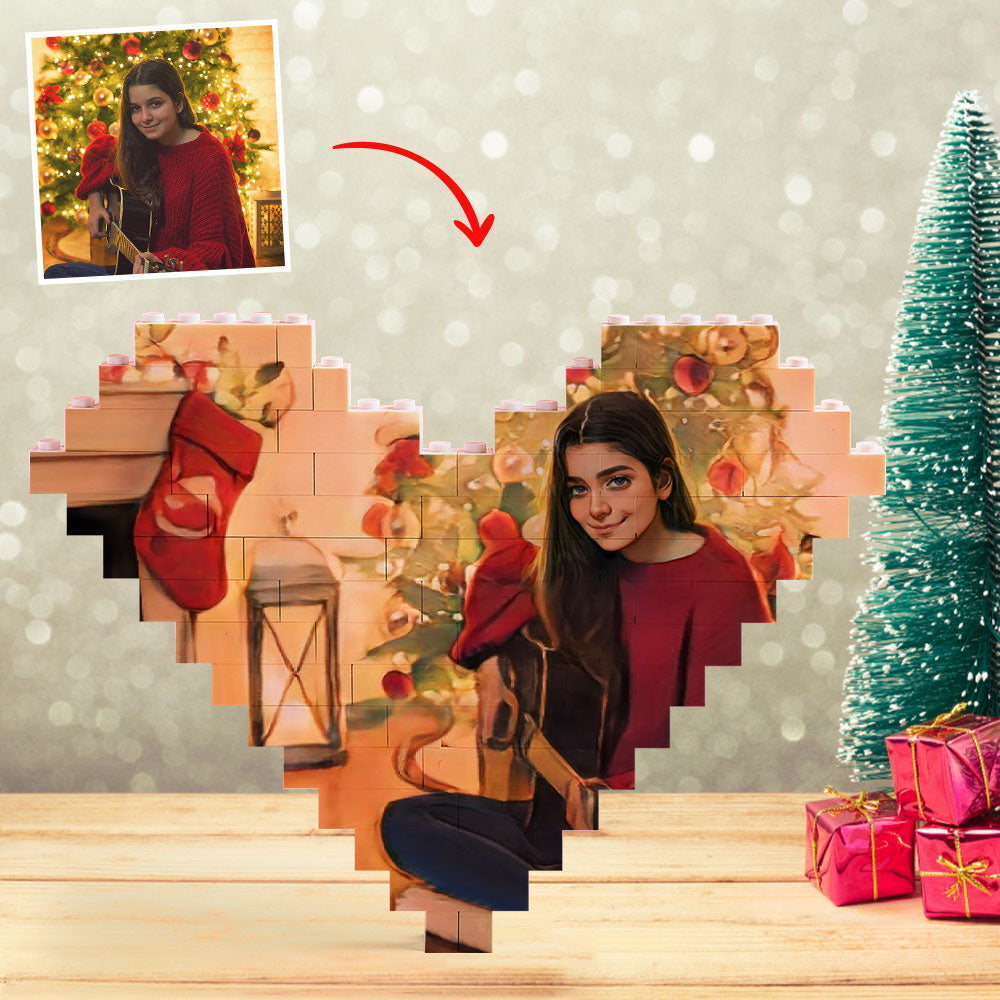 Side view of the Personalised Photo Brick Heart assembled as a freestanding, interlocking photo puzzle — perfect custom building block gift