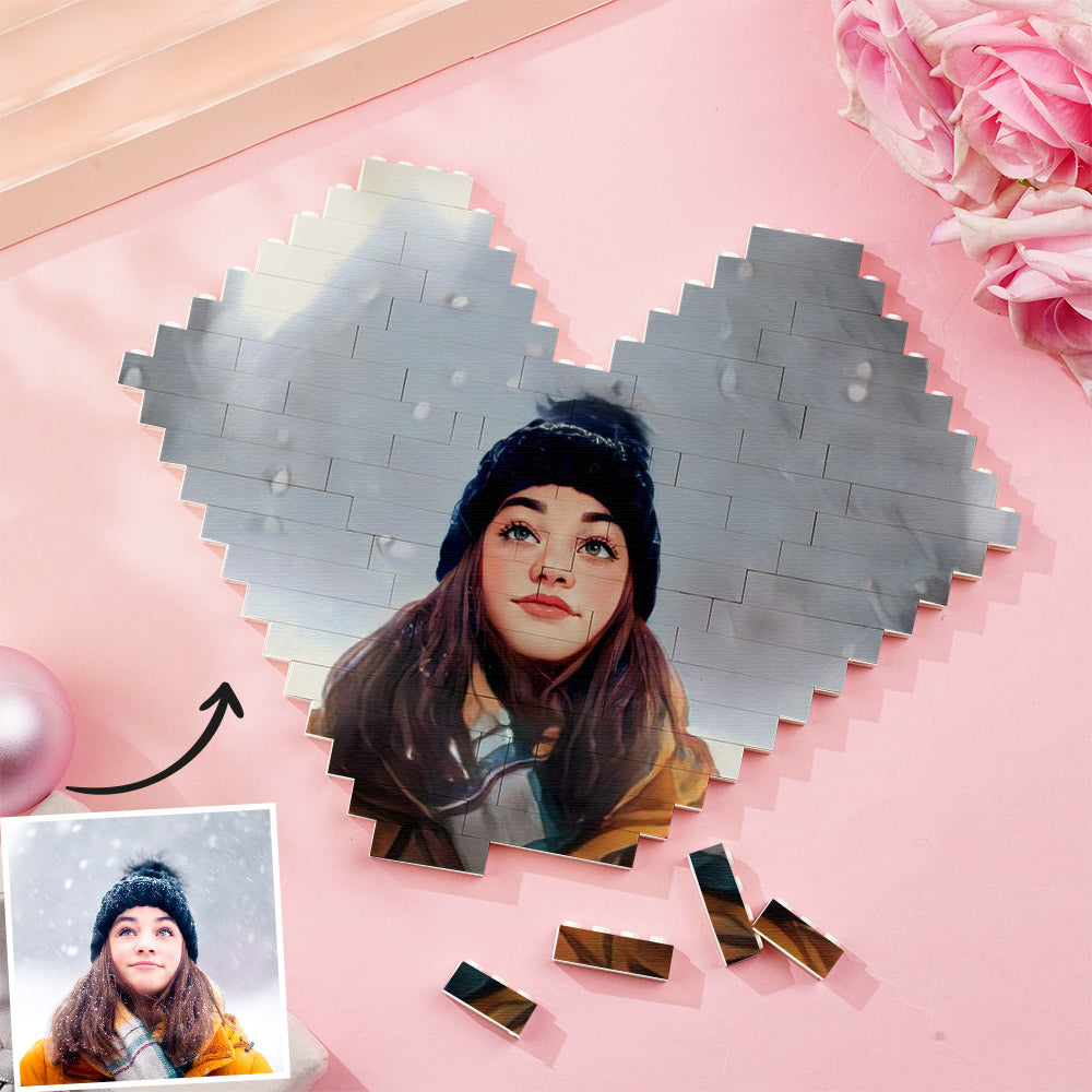 Interactive assembly of a personalised photo brick heart — dismantle and reassemble the custom building block puzzle for family fun