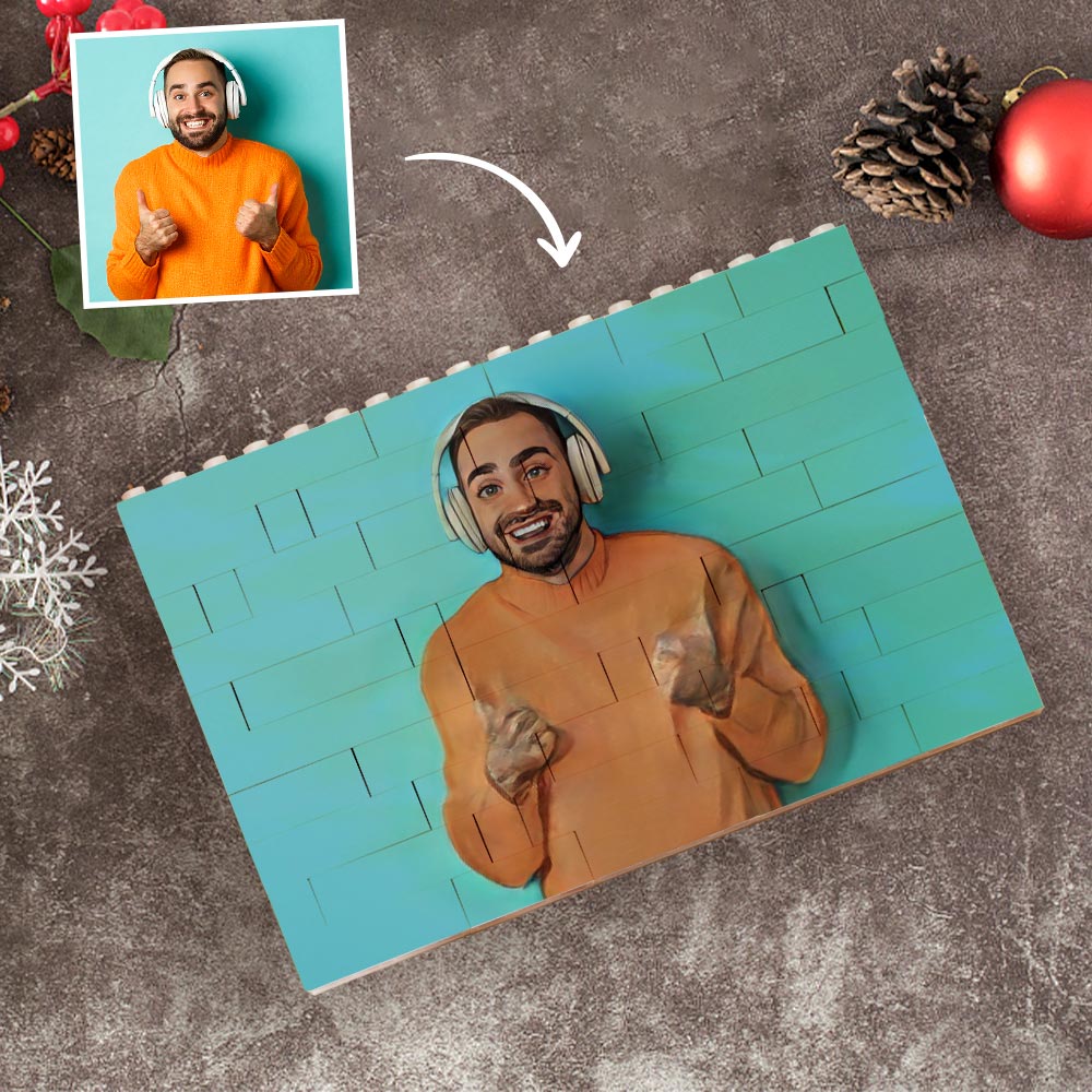 Close-up of personalised cartoon photo bricks showing crisp full-colour print on a custom horizontal building block puzzle