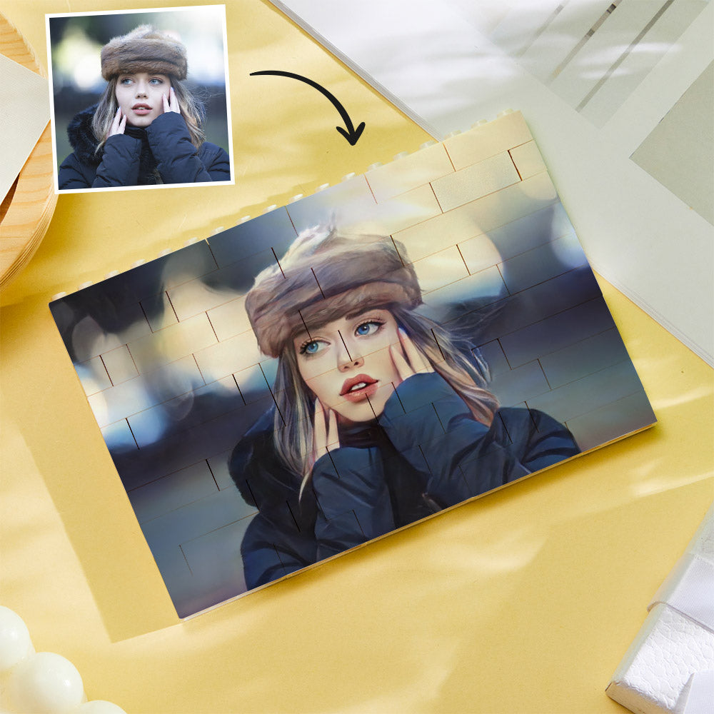 Teen assembling a personalised cartoon photo brick puzzle — interactive custom horizontal toy keepsake for birthdays and graduations