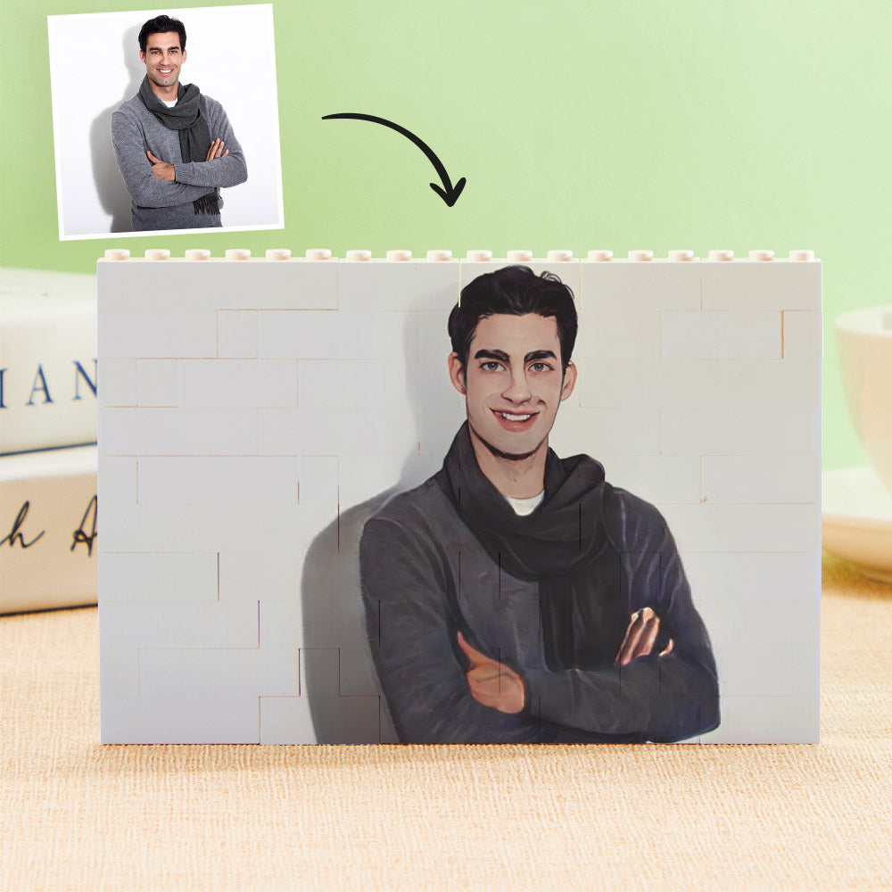 Personalised cartoon photo puzzle presented as a gift — custom horizontal brick toy in gift-ready display for Mother’s Day or Valentine’s Day