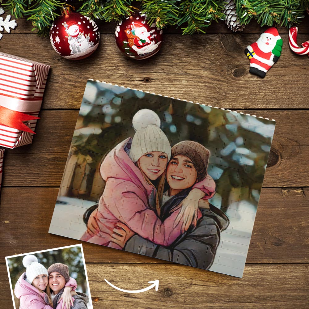 Hands assembling personalised photo brick toy — durable custom horizontal building block puzzle for children and adults
