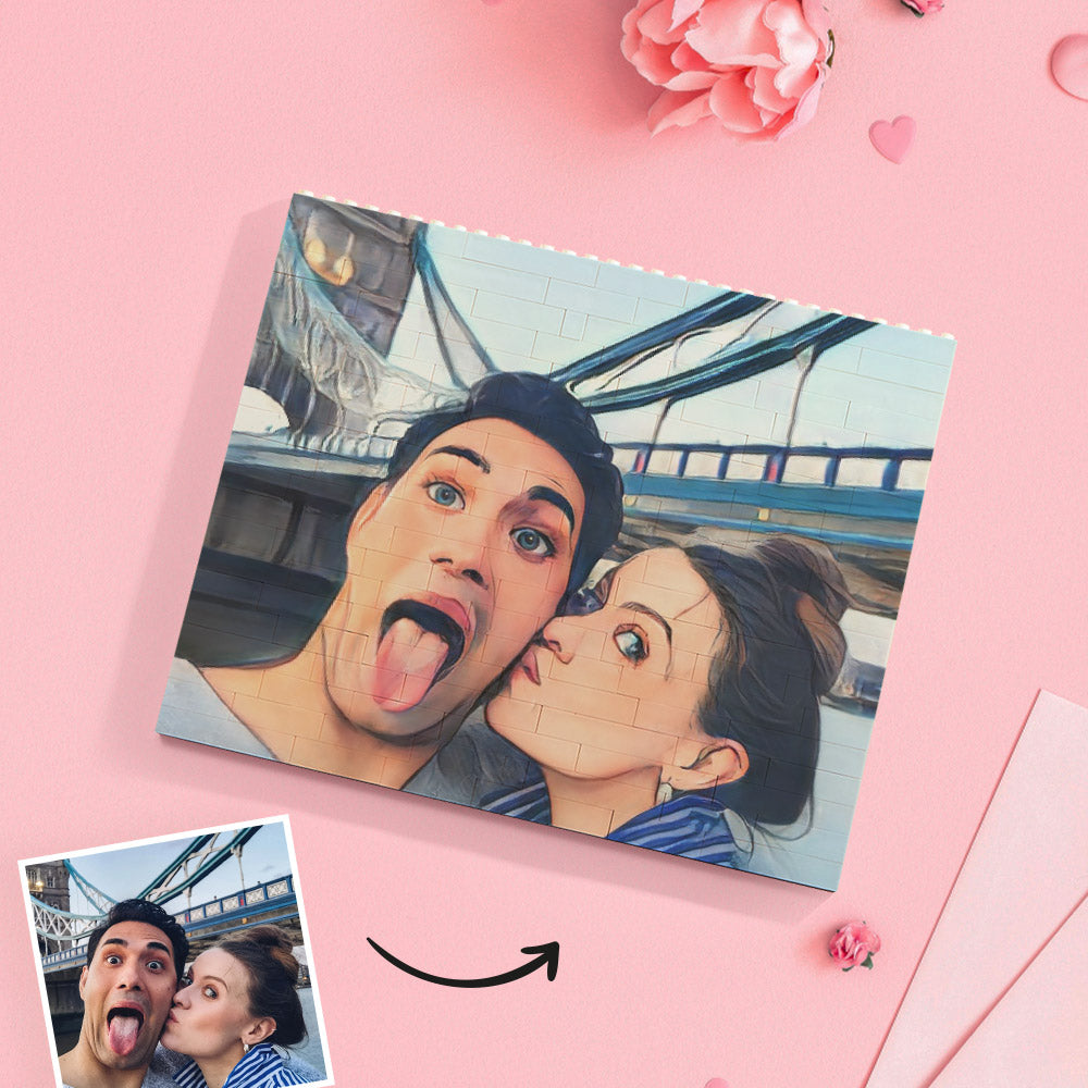 Custom horizontal brick puzzle featuring a cartoon photo and personalised text — unique personalised building block keepsake for special occasions