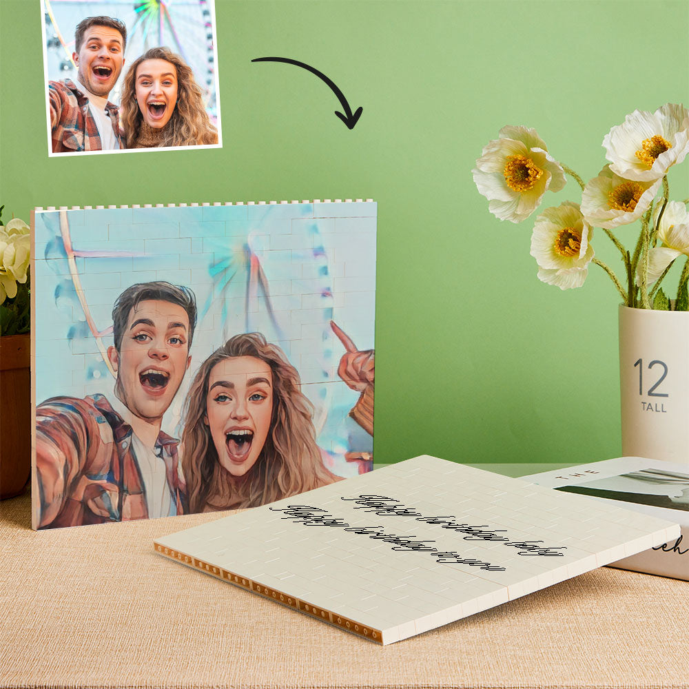 Assorted personalised cartoon photo brick puzzles in different designs — bespoke custom horizontal building block toys for personalised gifts