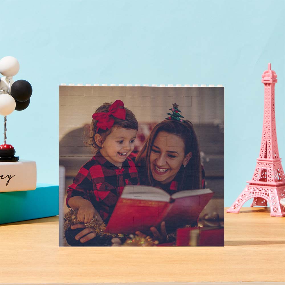Custom personalised square block puzzle displayed as a decorative keepsake photo brick