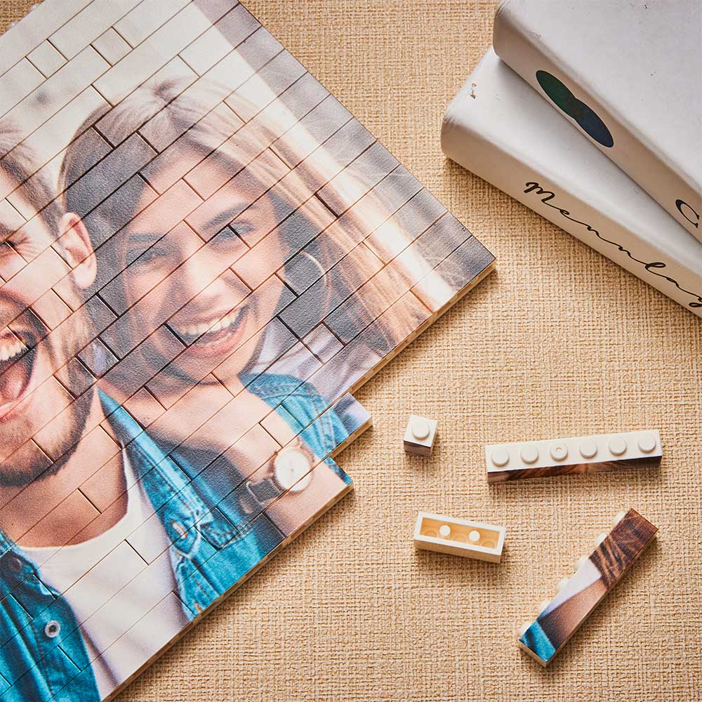 Interlocking personalised photo bricks dismantled and reassembled to create a single custom image – playful, interactive personalised gift