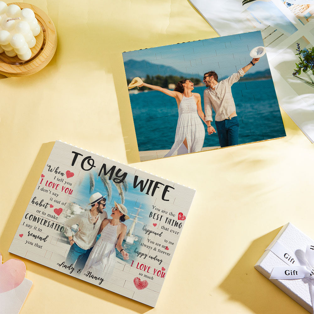 Two size options of personalised photo bricks displayed side by side (21.7 x 16.6 cm and 24 x 19.5 cm) – bespoke photo gift choices