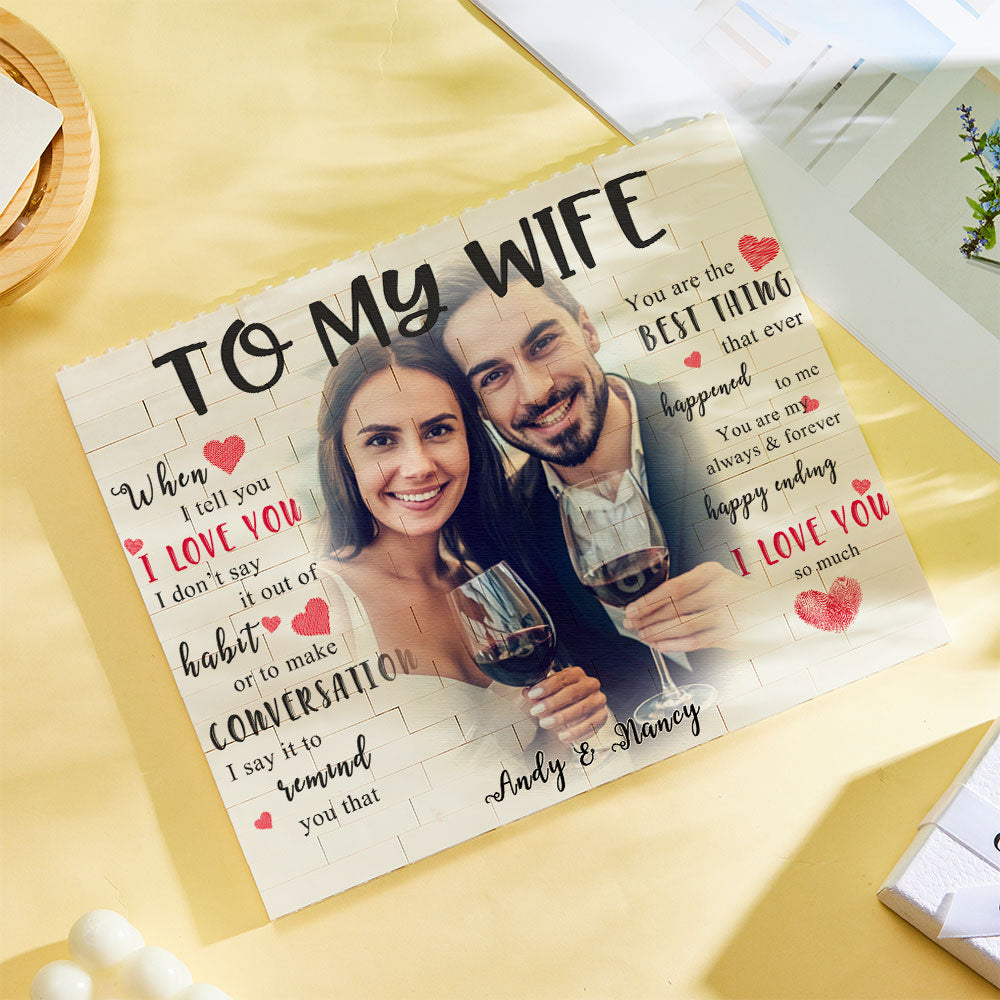 Interactive interlocking personalised bricks arranged on a shelf showing custom photo and message – perfect anniversary or housewarming gift