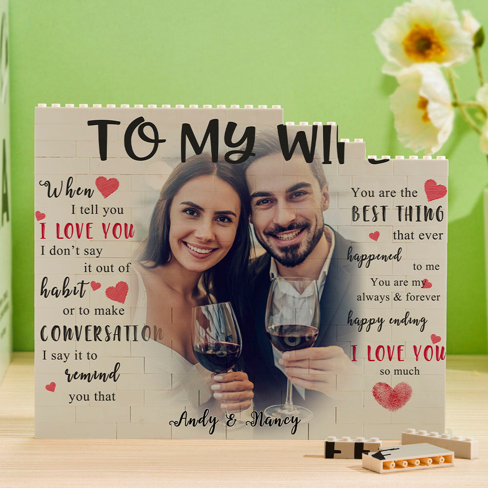 Personalised Building Block Photo Brick featuring a custom photo and name, freestanding keepsake gift for wife with vibrant UV print