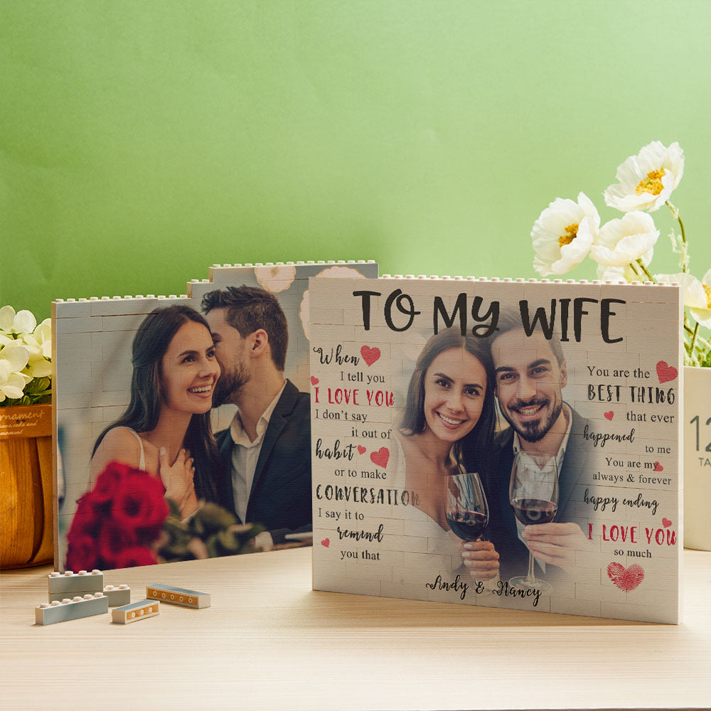 Personalised Building Block Photo Brick featuring a custom photo and name, freestanding keepsake gift for wife with vibrant UV print