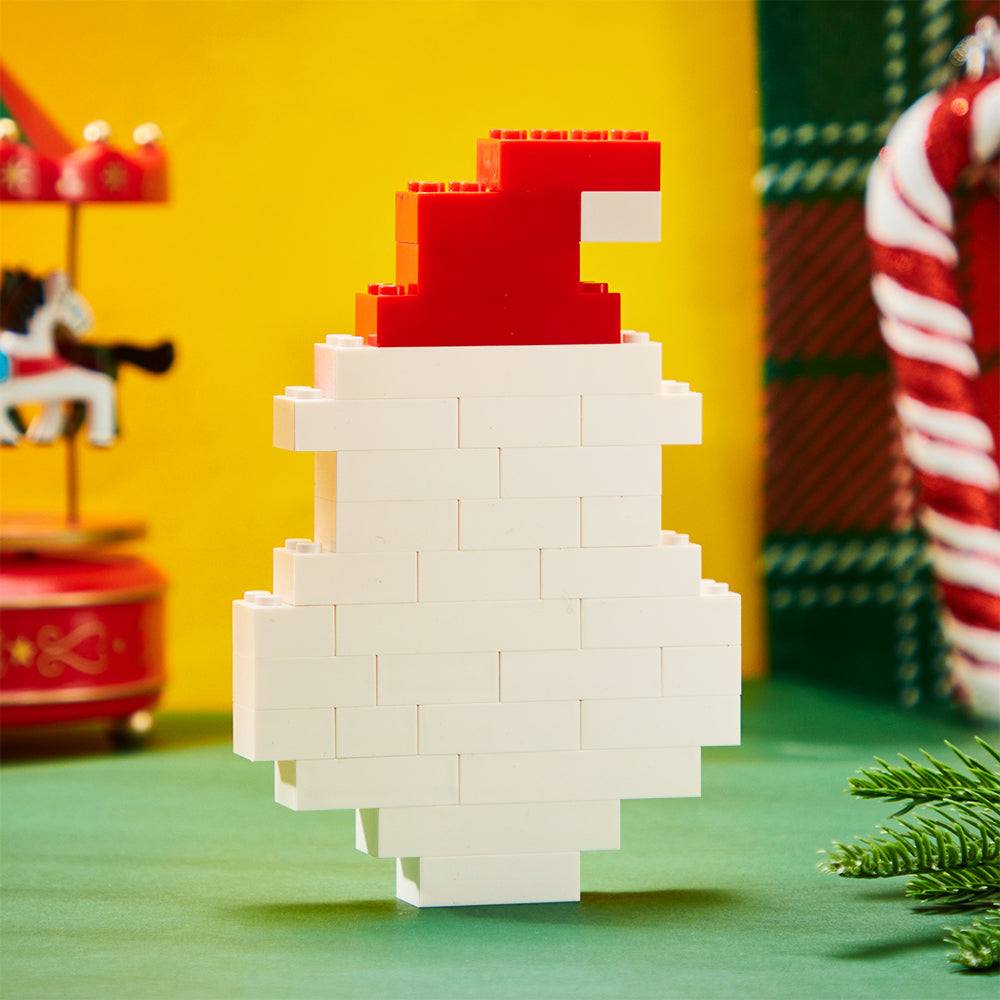 Disassembled Santa Claus interlocking brick pieces laid out to show puzzle assembly and custom photo printing