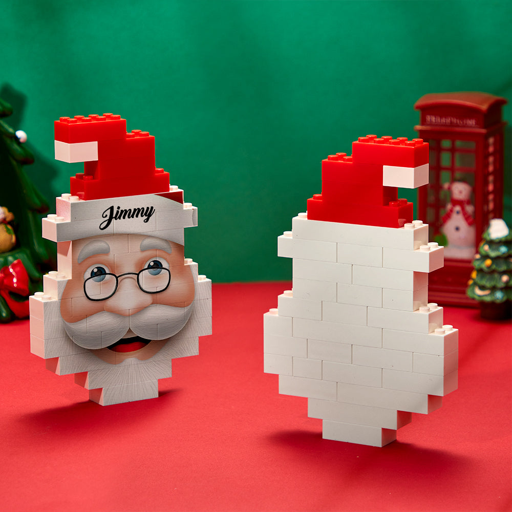 Close‑up of UV‑printed personalised Santa Claus brick figure showing vibrant colour and crisp personalised text