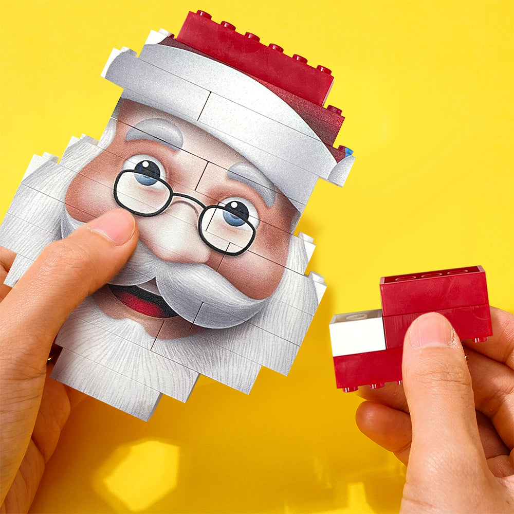 Close-up of Santa-shaped personalised photo brick puzzle edge and interlock – waterproof eco PVC with long-lasting vivid colour, great Christmas gift