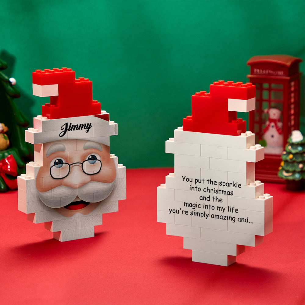 Side view of personalised Santa Claus building blocks showing free‑standing design and waterproof, moisture‑proof PVC material