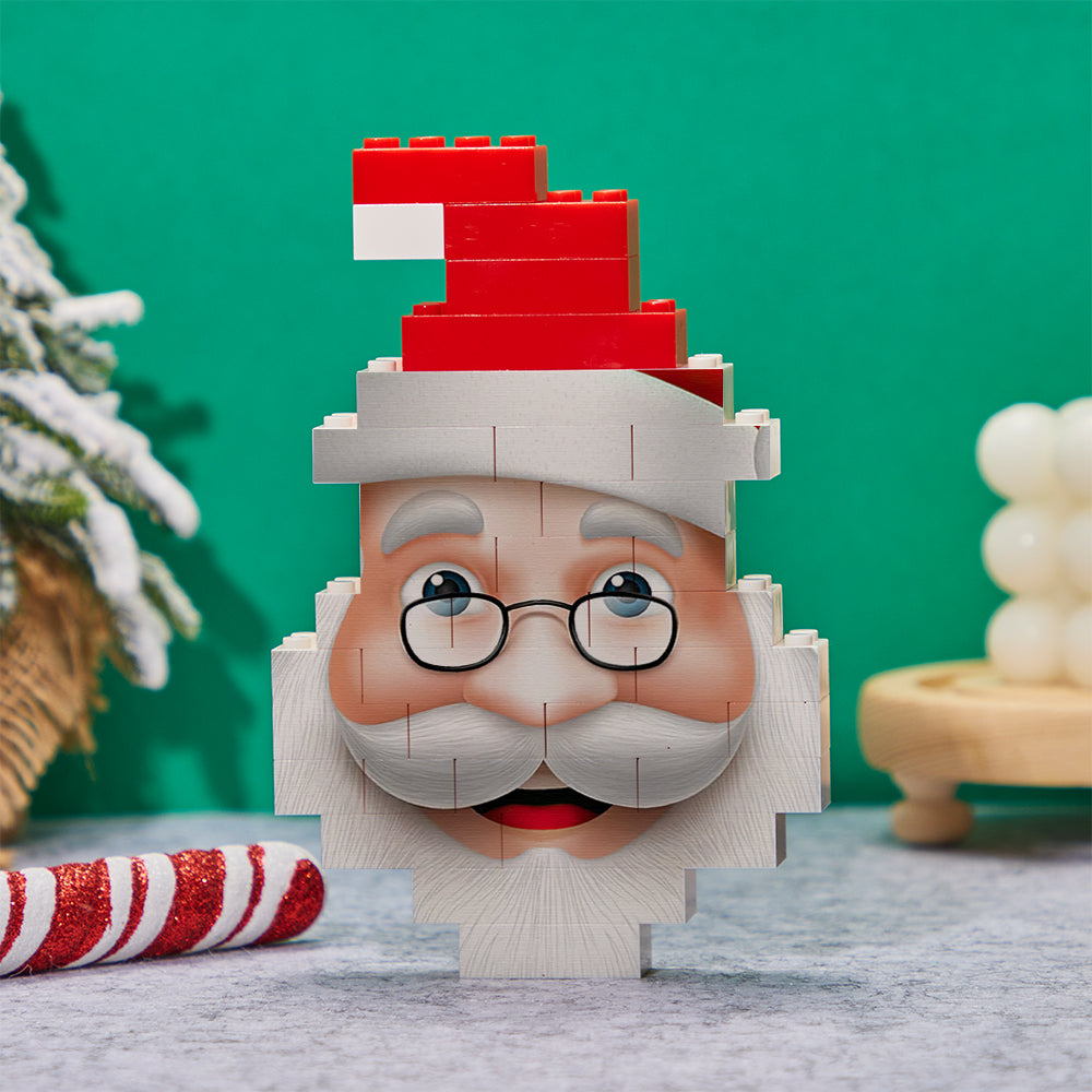 Disassembled view of personalised Santa brick puzzle showing unique interlocking blocks – perfect personalised photo keepsake and cognitive toy