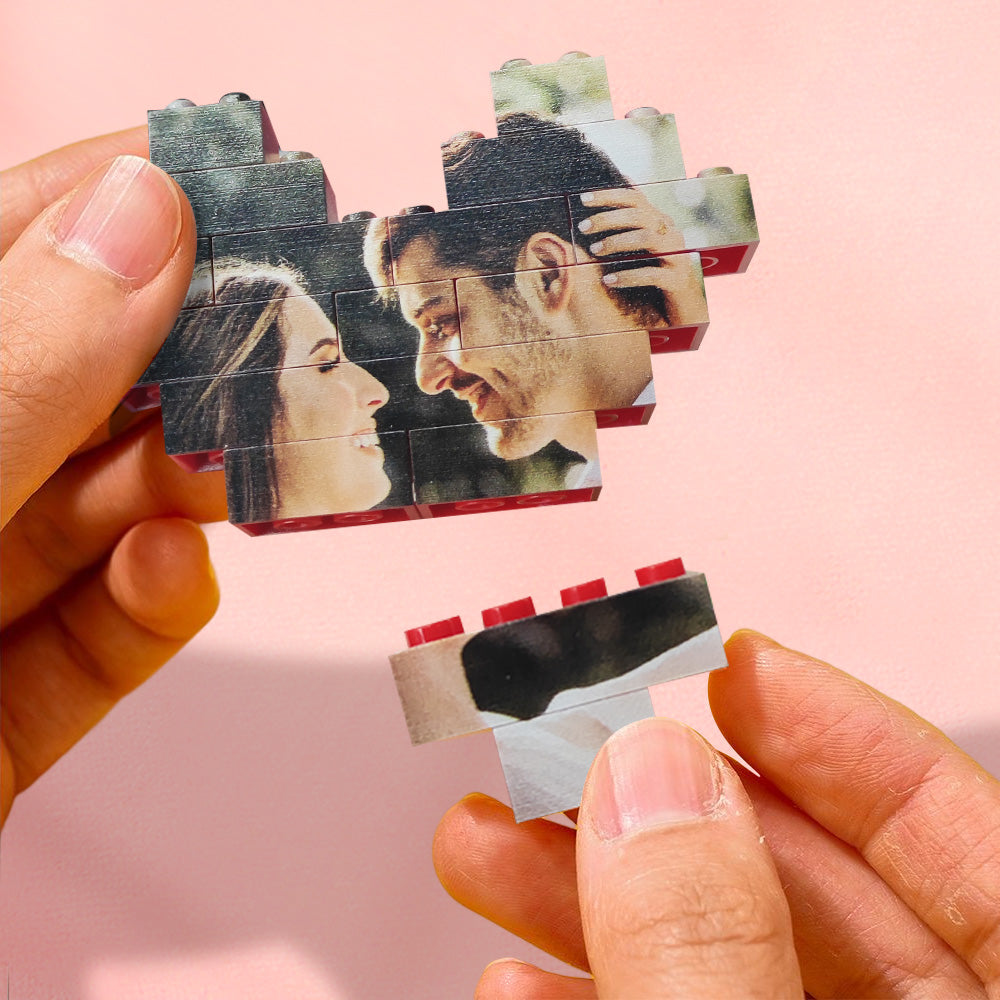 Close-up of personalised 'I Love U' building bricks showing interlocking pieces and high-resolution UV print on waterproof PVC