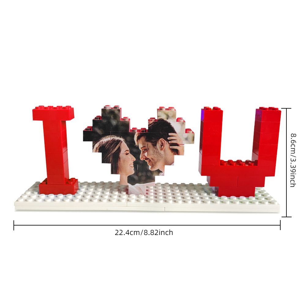 Heart and letter pieces of custom photo brick puzzle displayed separately – personalised keepsake with durable UV single-sided printing
