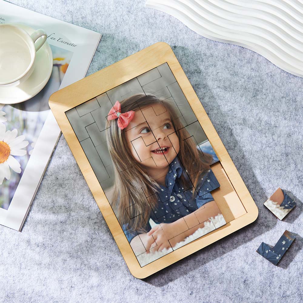 Close-up of personalised wooden Tetris photo blocks showing tactile grain and high-resolution custom image panels