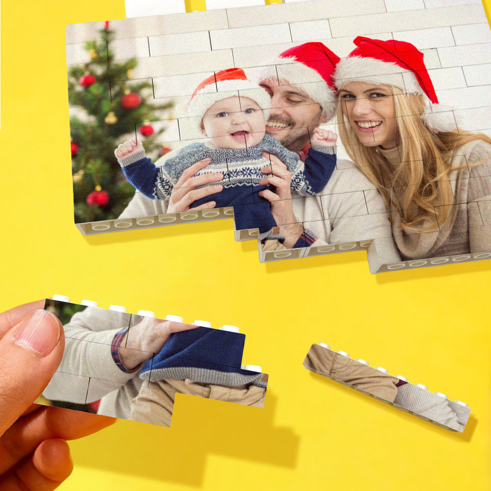 Personalised brick puzzle dismantled and reassembled to show interactive photo display — bespoke photo keepsake