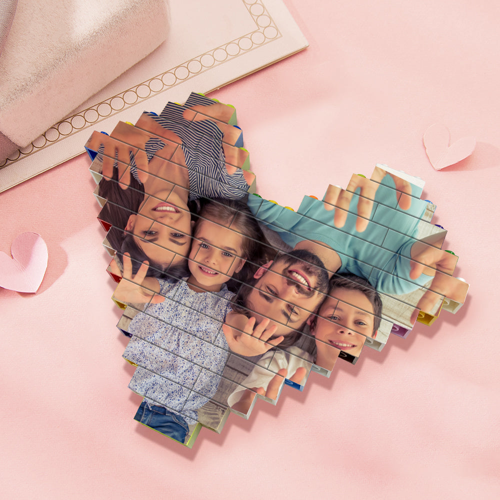 Large personalised heart-shaped photo block displayed upright on shelf — vibrant, fade-resistant UV digital print, ideal wedding or anniversary gift