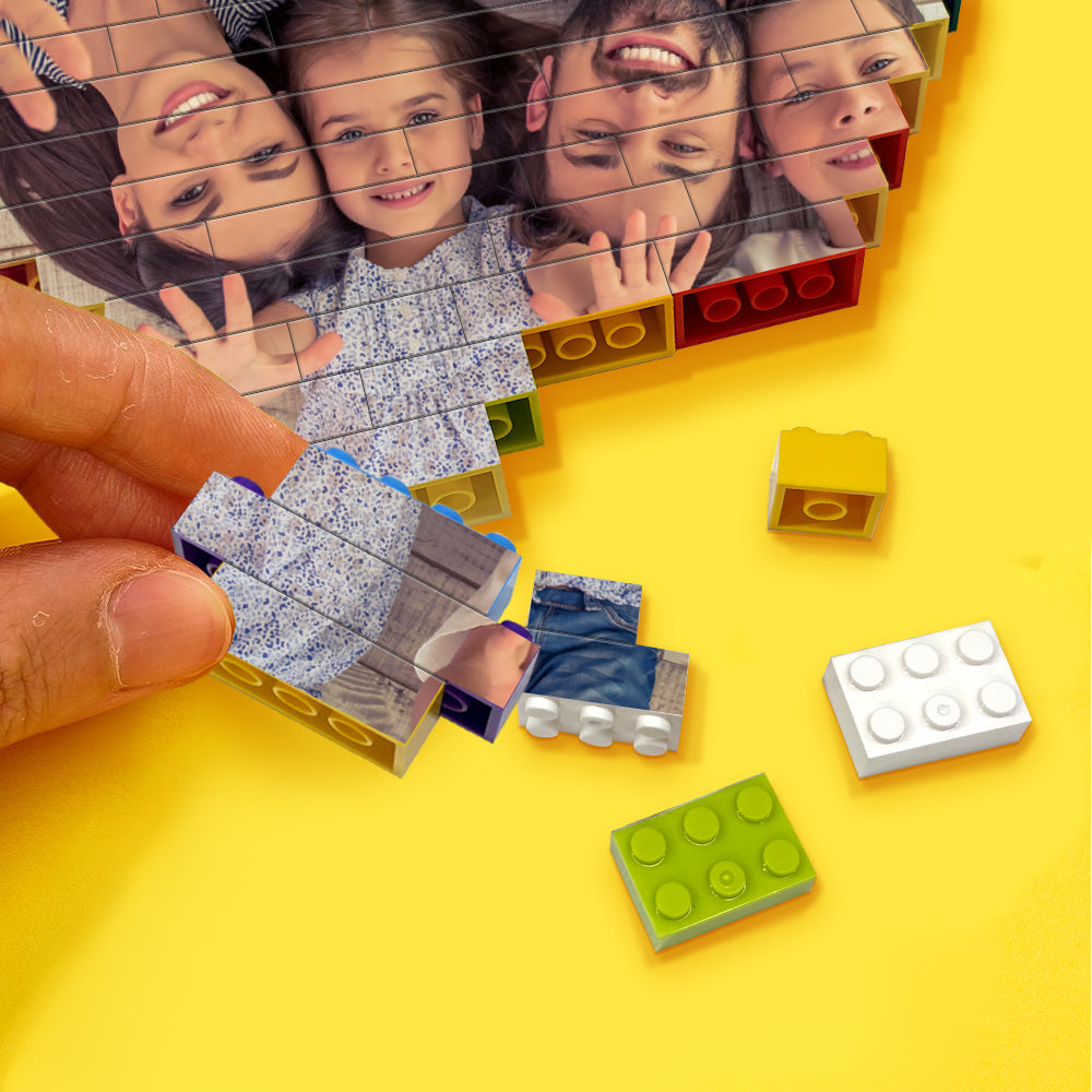 Close-up of large heart-shaped brick photo block showing interlocking bricks and sturdy base — personalised UV print, custom photo gift