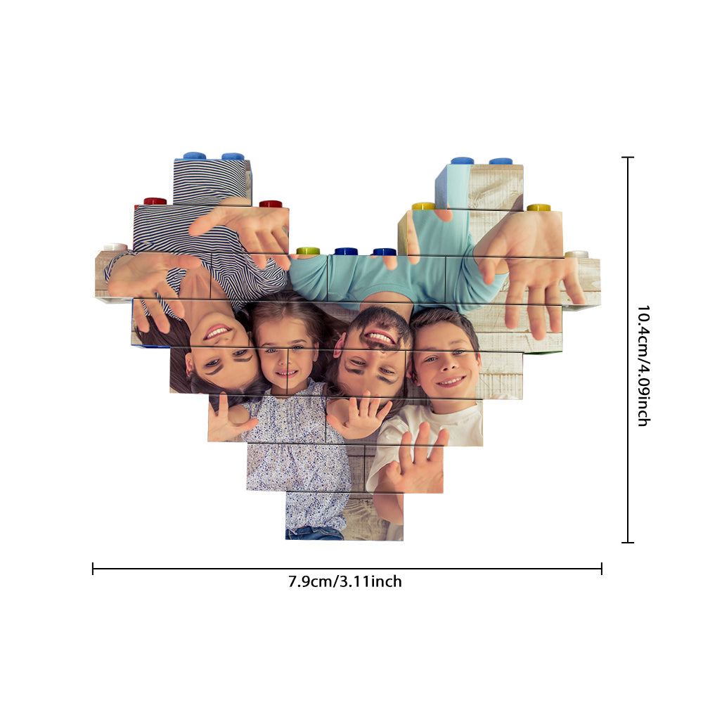 Small heart-shaped brick puzzle dismantled to show interlocking pieces — playful personalised mini photo block, great for gifts