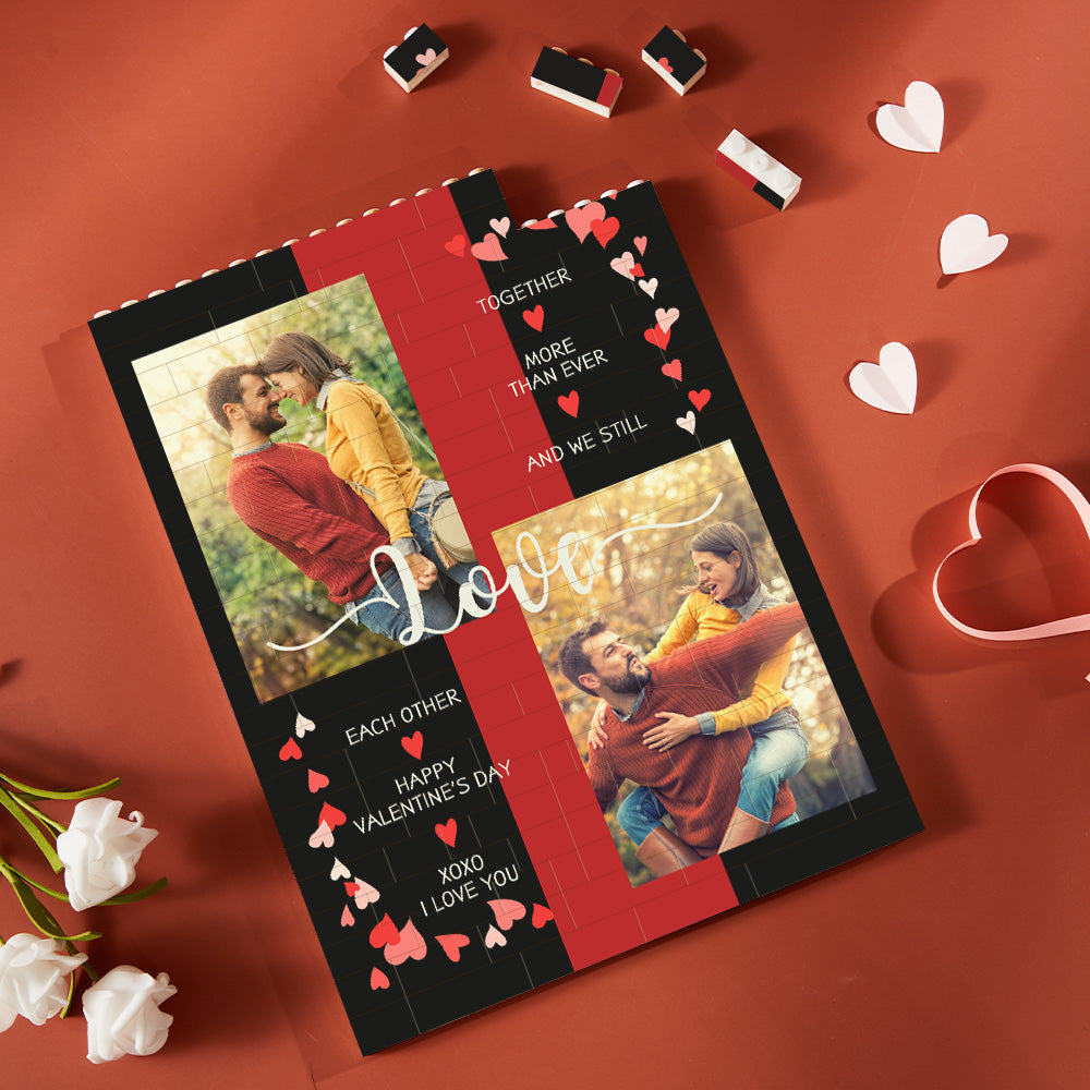 Custom Photo Brick displayed freestanding — personalised photo block with vibrant UV print and durable wipeable plastic finish