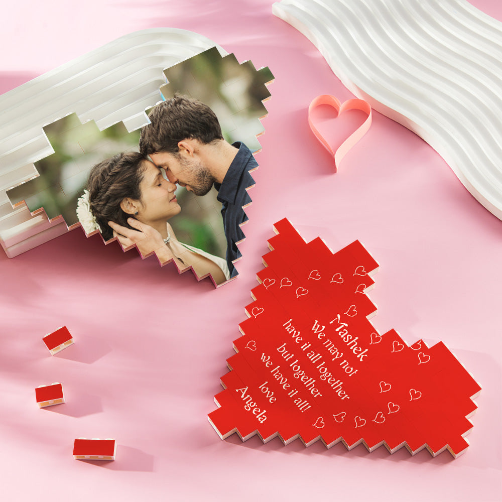 Close-up of personalised Custom Heart Photo Brick (horizontal rectangle) free-standing display showing interlocking bricks and crisp UV printed photo detail