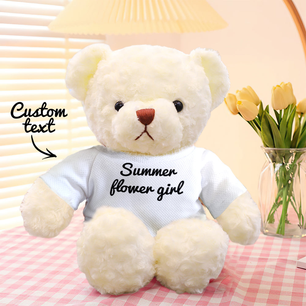 Custom teddy bear with personalised photo print on removable outfit — 11.8in plush keepsake you can personalise with high‑resolution images or text