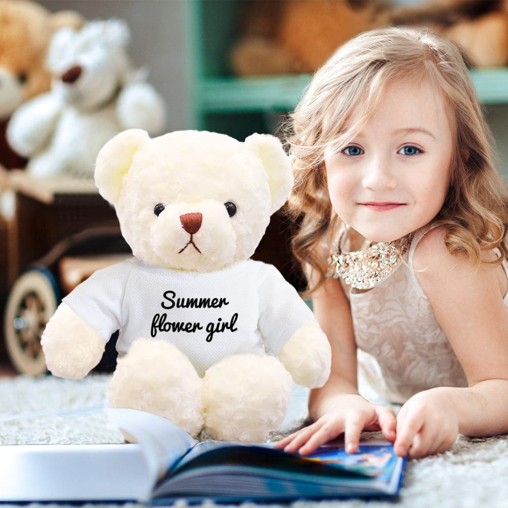 Close‑up of embroidered nose and bright safety eyes on a personalised teddy bear plush — soft 30cm custom stuffed animal gift