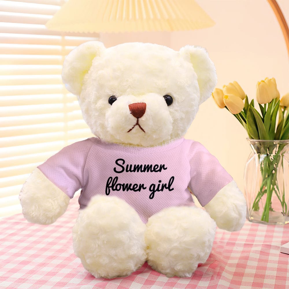Side view of personalised teddy bear wearing removable outfit — custom plush present for birthdays, graduations or anniversaries