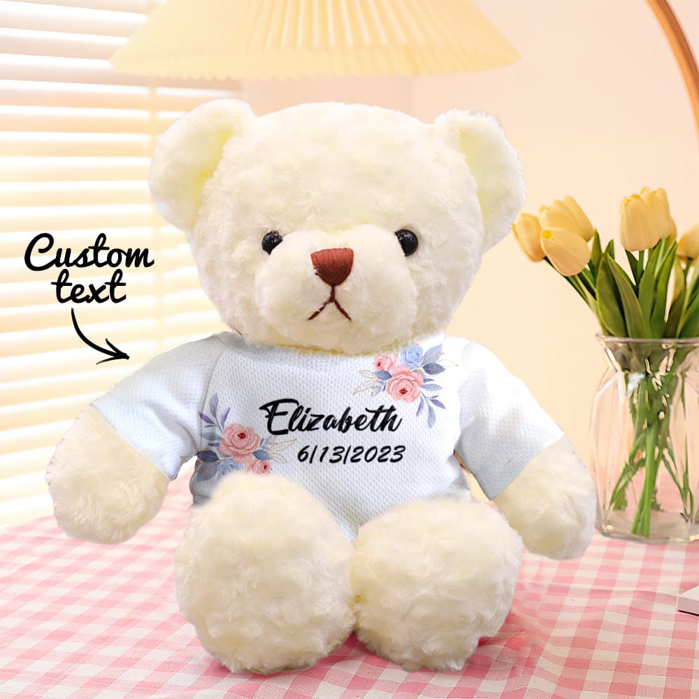 Personalised teddy bear with flowers, bright eyes and embroidered nose – custom plush gift for kids and graduates
