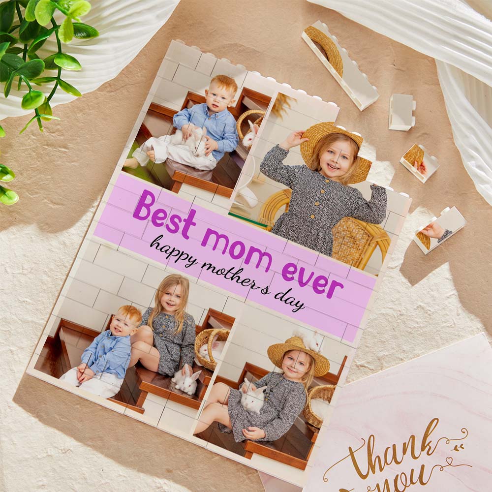 Personalised photo brick assembled as a freestanding photo block display — custom building block puzzle with vivid UV print, ideal personalised Mother's Day or teacher gift