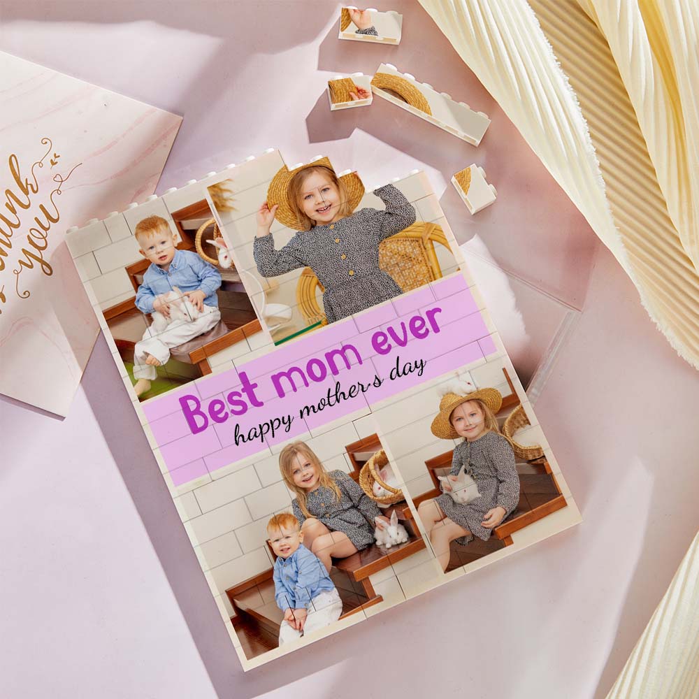 Disassembled custom building block puzzle showing interlocking personalised photo blocks — photo brick display that reassembles into a keepsake for graduations or housewarmings