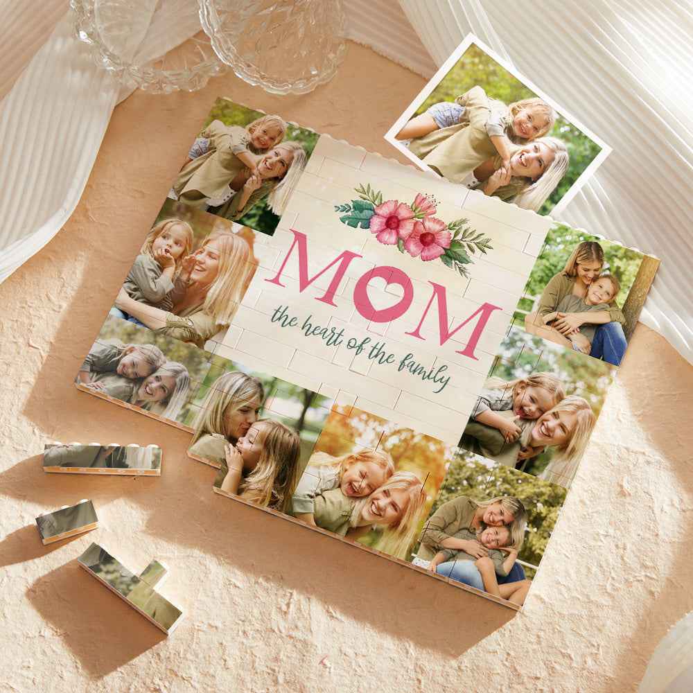 Custom Building Block Puzzle Horizontal Trio Photo Brick for Mom the Heart of the Family Mother's Day Gifts