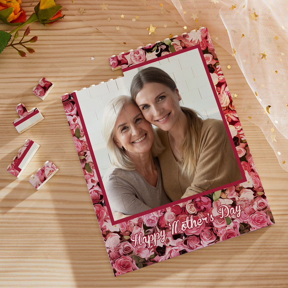 Close-up of personalised vertical photo brick showing interlocking building bricks and durable wipeable finish, vivid UV print detail on a customised photo block