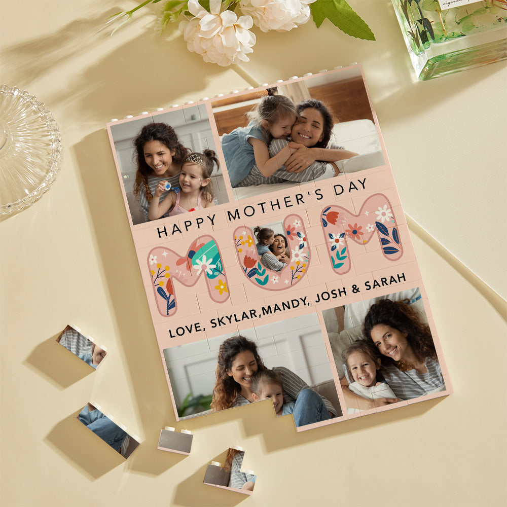 Interlocking personalised photo bricks assembled and rearranged to create a tactile display — perfect customised Mother's Day gift for Mum