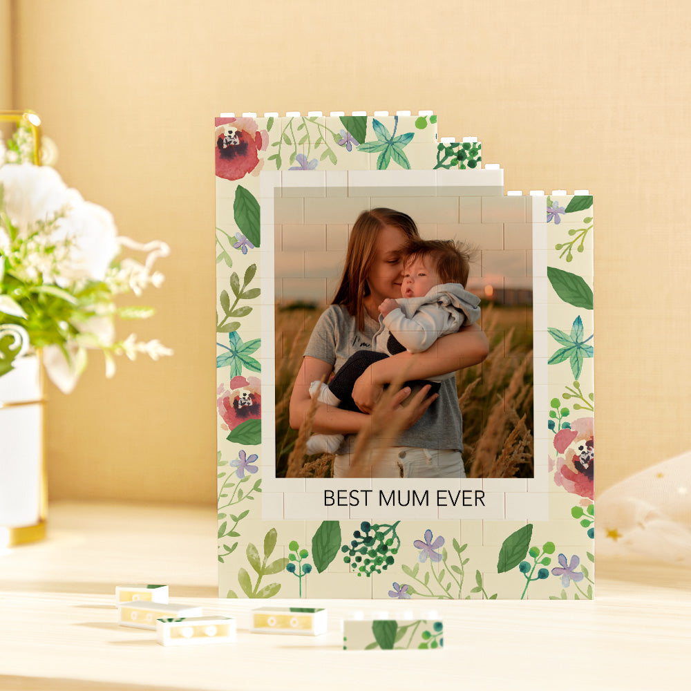 Custom Building Block Photo Puzzle – vertical photo bricks personalised with “Best Mum Ever”, vibrant UV print on durable plastic; free-standing or wall-mountable Mother’s Day gift for mum