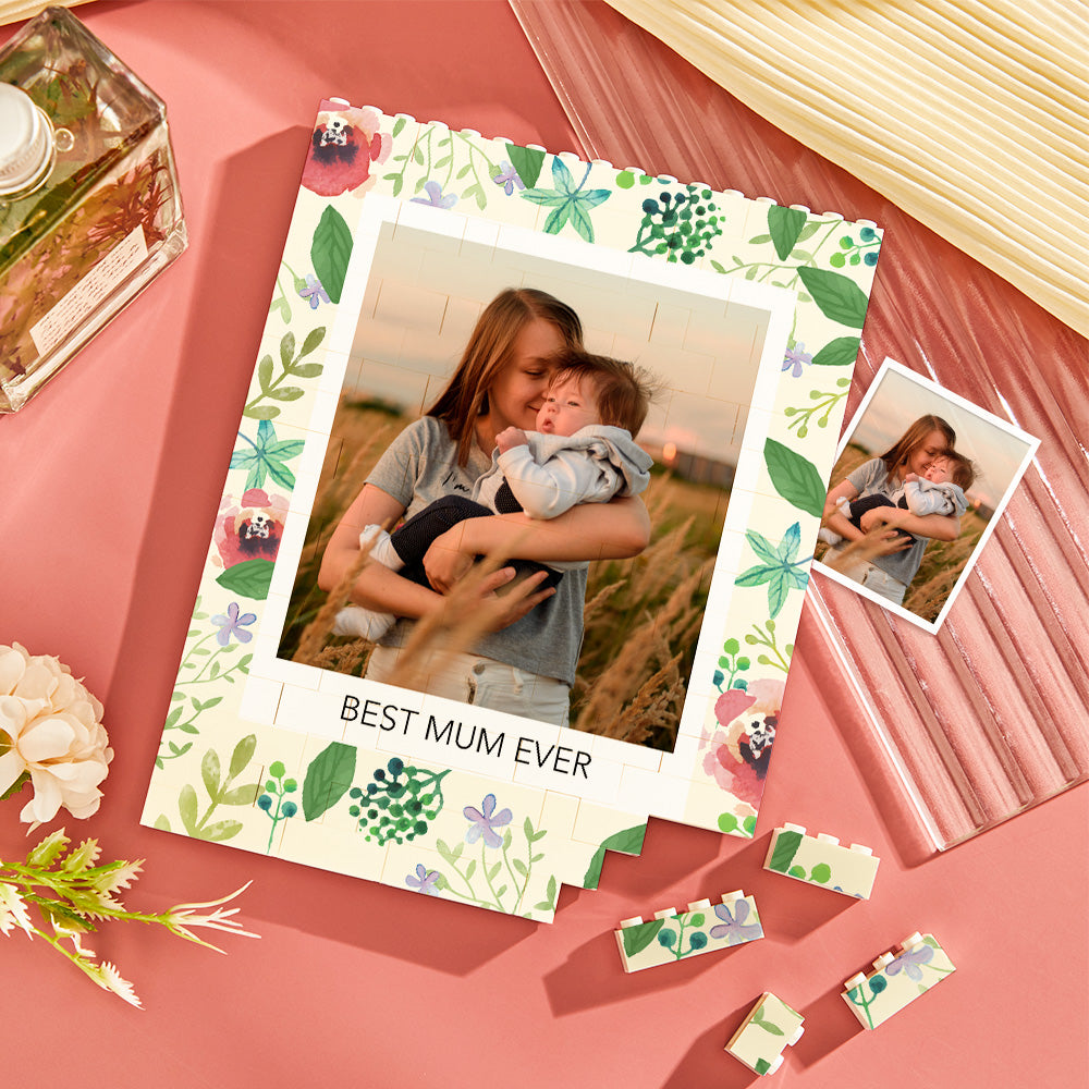 Custom Building Block Photo Puzzle – vertical photo bricks personalised with “Best Mum Ever”, vibrant UV print on durable plastic; free-standing or wall-mountable Mother’s Day gift for mum