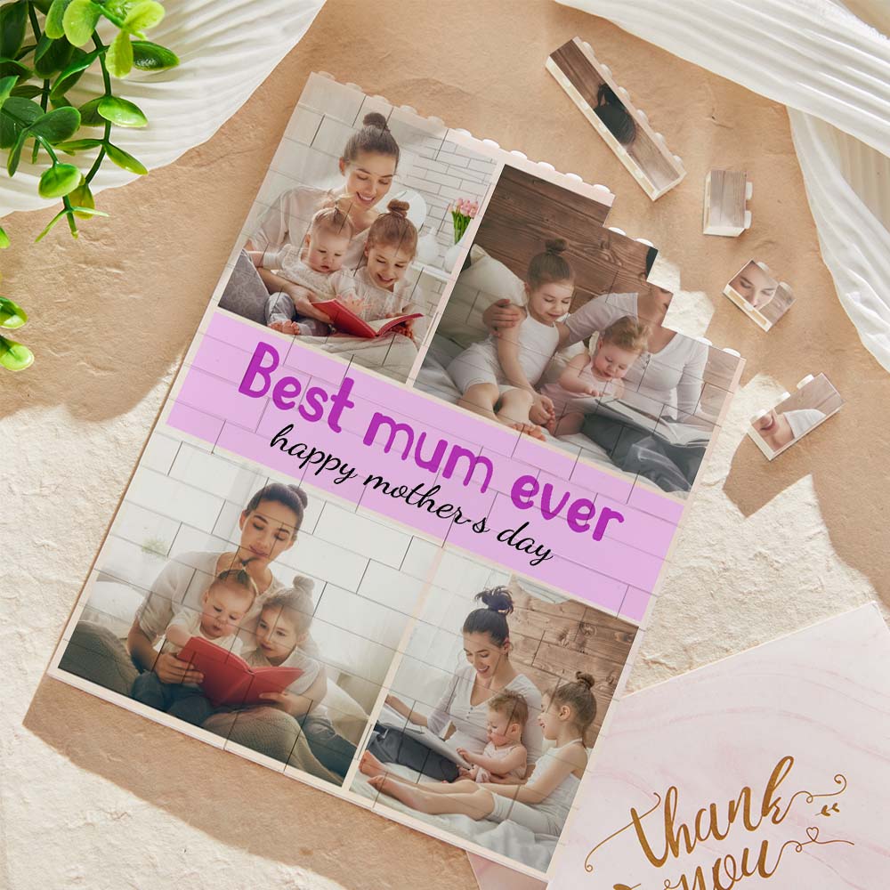 Close‑up of interlocking brick pieces from personalised photo brick showing how the puzzle dismantles and reassembles — high‑quality plastic, perfect personalised keepsake or gift for parents
