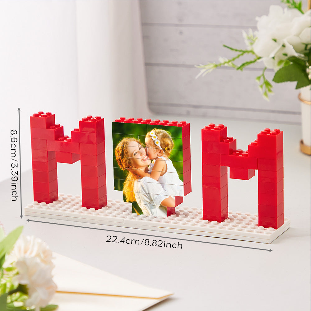 Close-up of personalised brick puzzle photo block partially dismantled to reveal the printed image – tactile keepsake gift for Mum