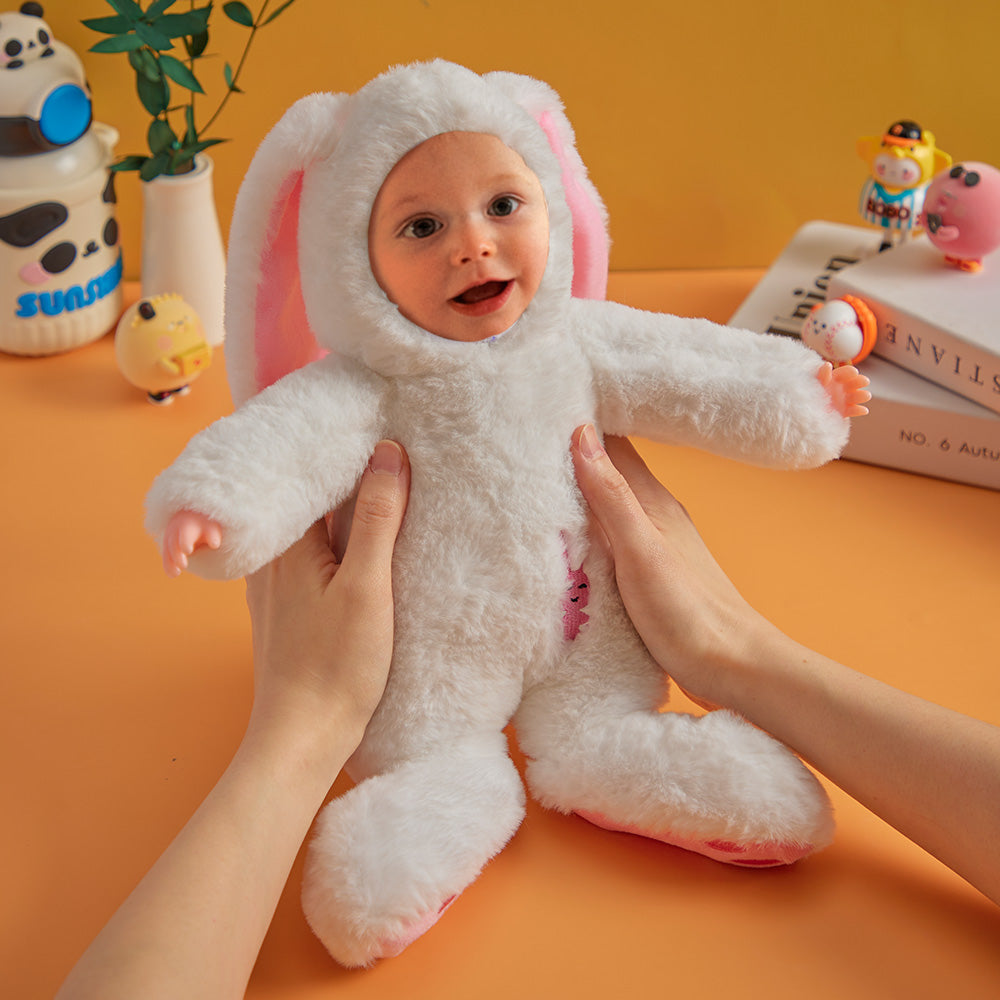 Personalised plush bunny full-length view featuring a custom photo face, premium super-soft fabric and secure stitching – perfect unique gift for birthdays and baby showers