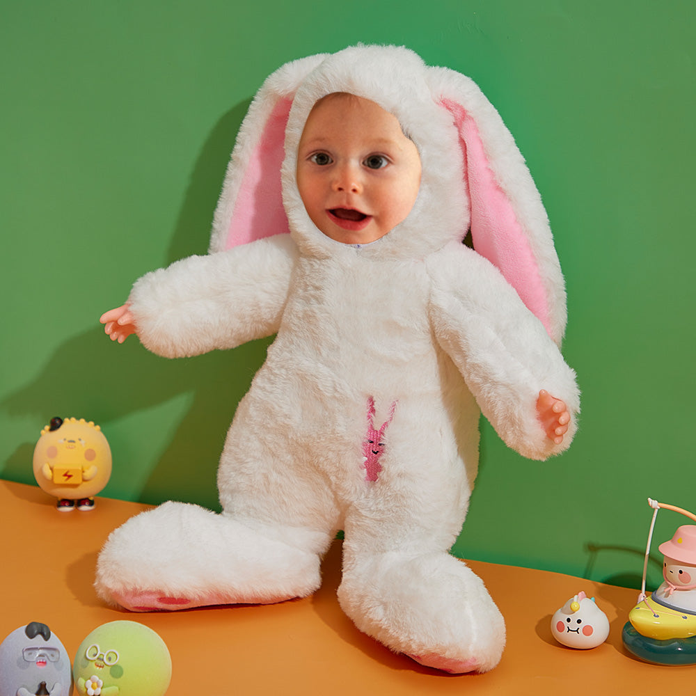 Custom personalised plush bunny with your photo face on a soft cuddly body – unique personalised gift for children, washable and child-safe