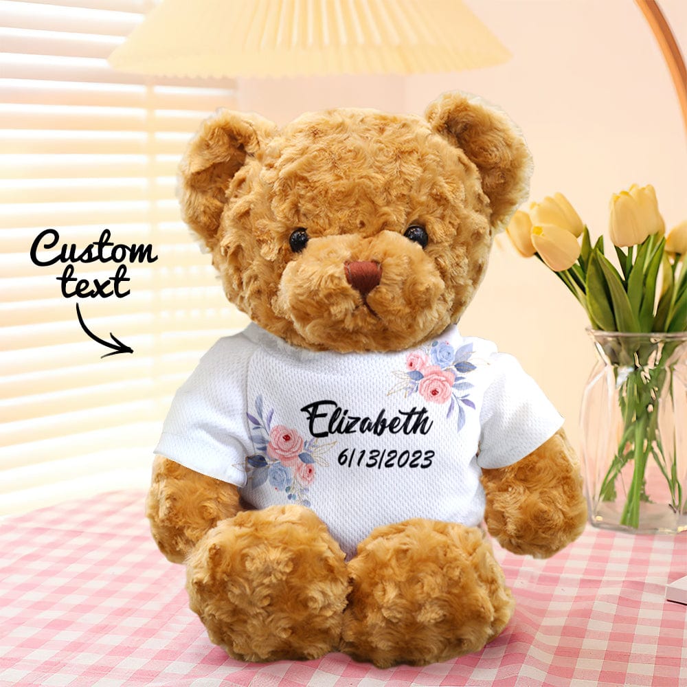 30 cm personalised plush teddy bear wearing removable clothes and holding a floral bouquet – perfect Mother’s Day gift
