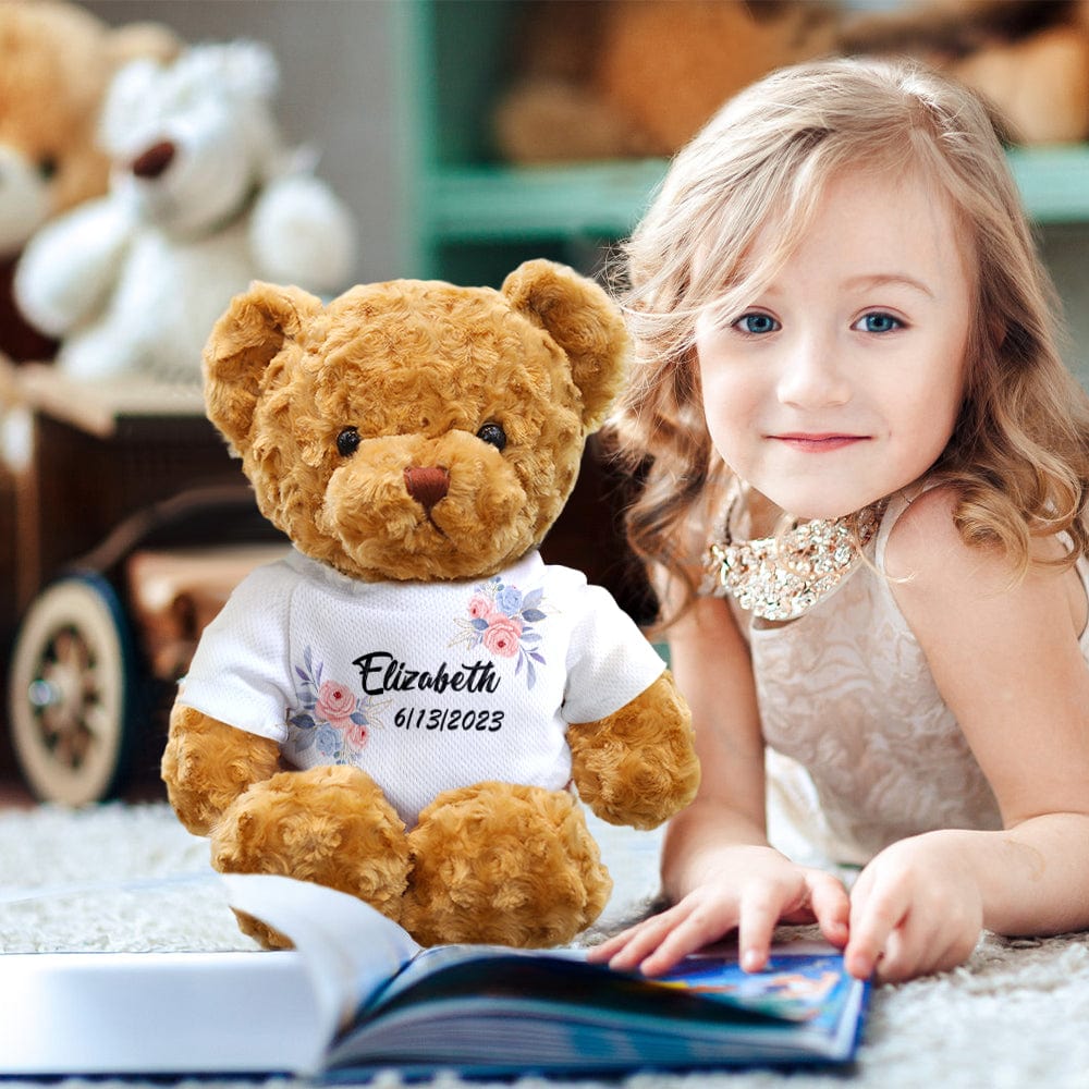 Personalised teddy bear with flowers, bright eyes and embroidered nose – custom plush gift for kids and graduates