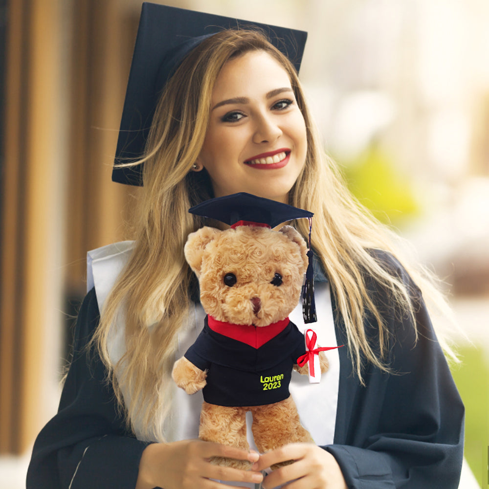 Side view of personalised graduation teddy bear in custom robe and mortarboard, ideal keepsake for school or university graduation