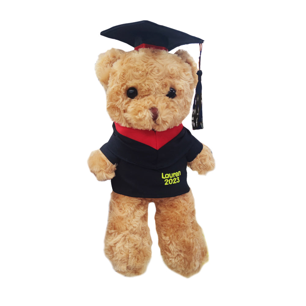 Personalised graduation bear in navy robe with embroidered details, premium plush companion for graduates
