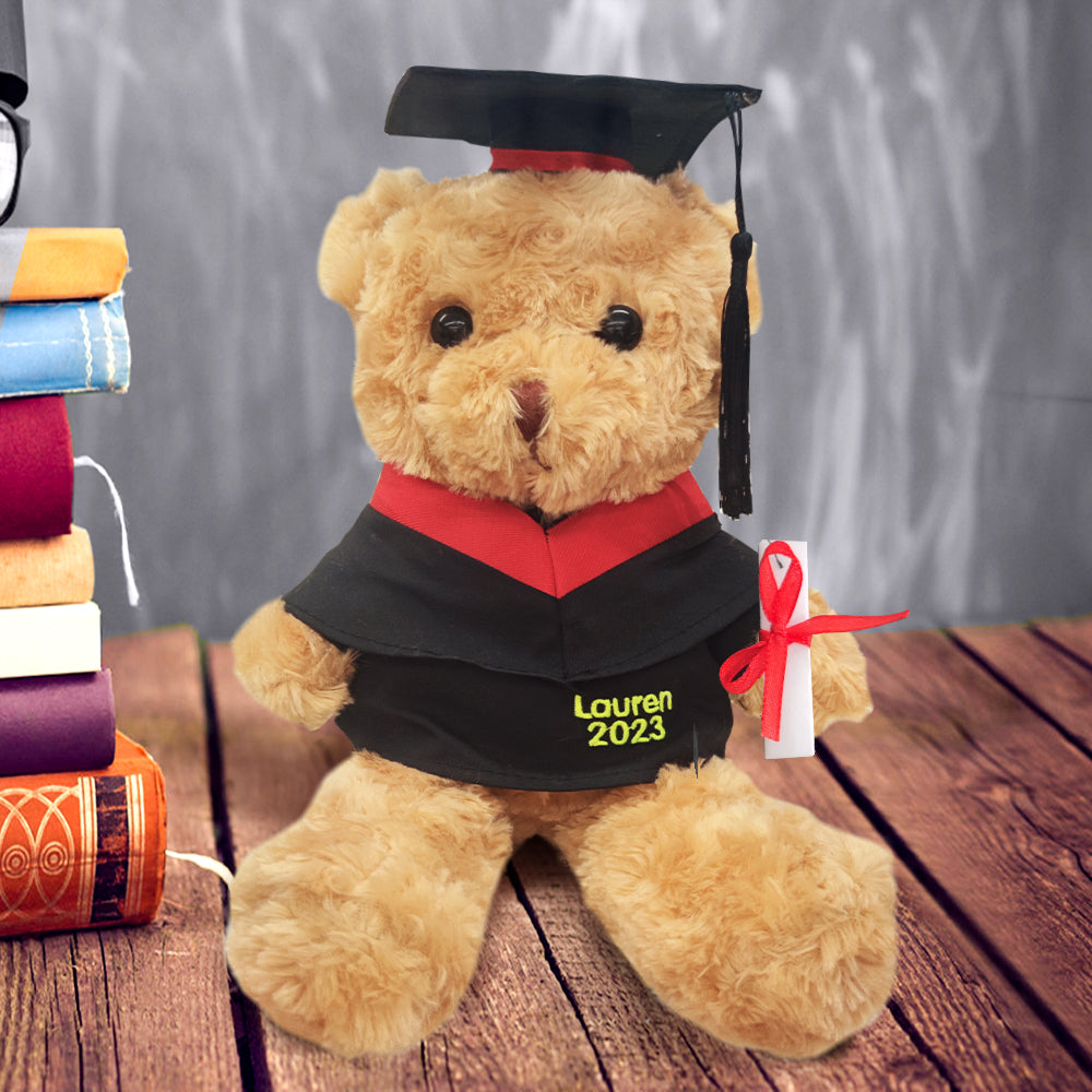 Close-up of plush texture and robe stitching on a personalised graduation bear highlighting premium materials and workmanship